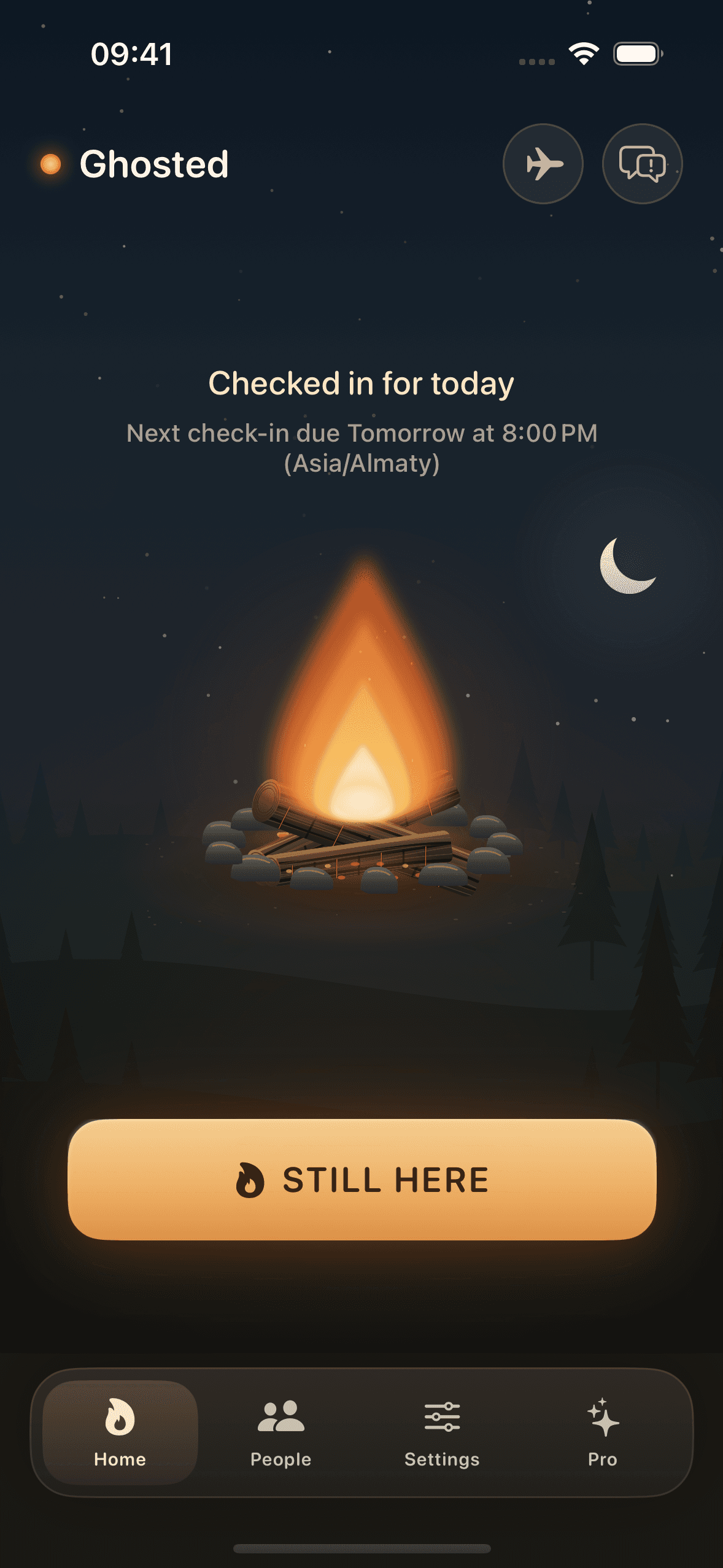 Ghosted home screen showing today’s check-in complete, tomorrow’s 8 PM deadline, and the “Still Here” button